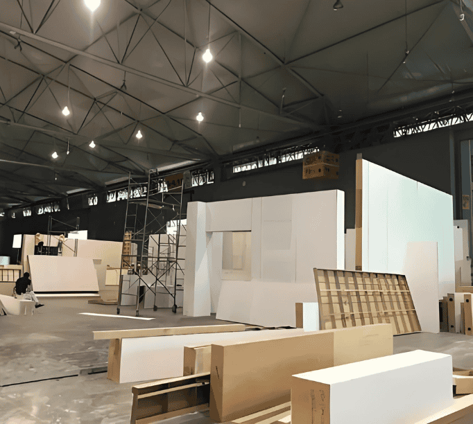 Modular home under construction with unfinished interior walls, exposed beams, and various materials visible, in a factory setting.