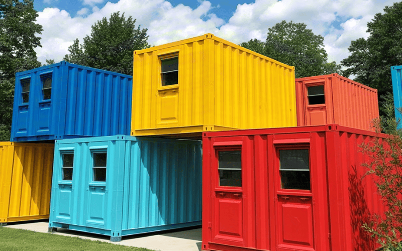 Brightly colored shipping containers stacked and arranged to form a unique structure, with containers painted in yellow, blue, red, and green, and windows installed.