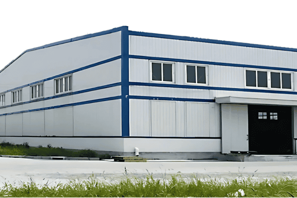 A small industrial plant building with blue and white exterior panels and a black garage door.