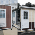 Two different designs of portable restrooms, one with a wooden exterior and the other with a beige finish, both featuring white doors and windows.