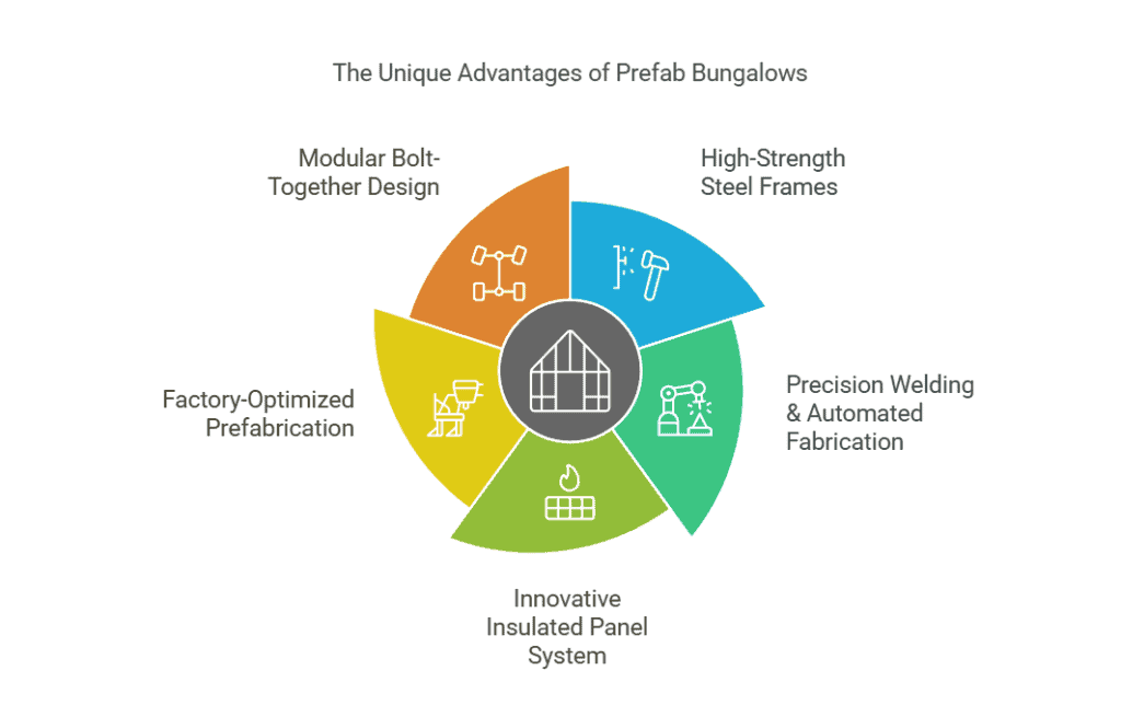 Circular diagram listing unique advantages of prefab bungalows, including modular bolt - together design, high - strength steel frames, and innovative insulated panel system.