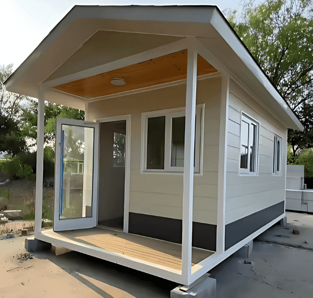 A newly assembled modular home with a porch and modern design, featuring large windows and a welcoming entrance.