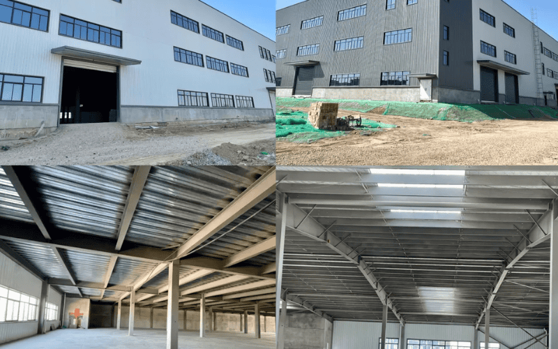 A collage of four images showing steel-framed industrial buildings and interiors with corrugated panel exteriors and steel beam interiors.