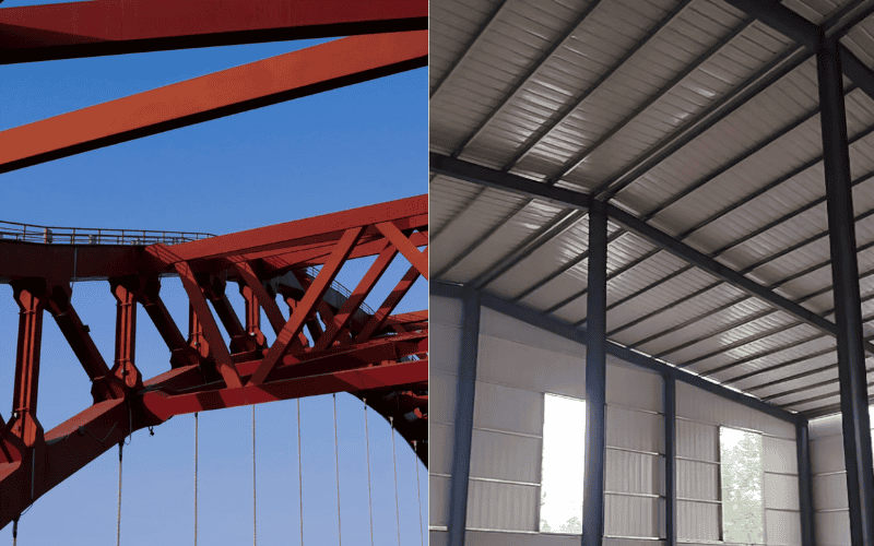 A split image comparing a red iron steel bridge with a prefabricated steel warehouse, illustrating the differences in structural use.