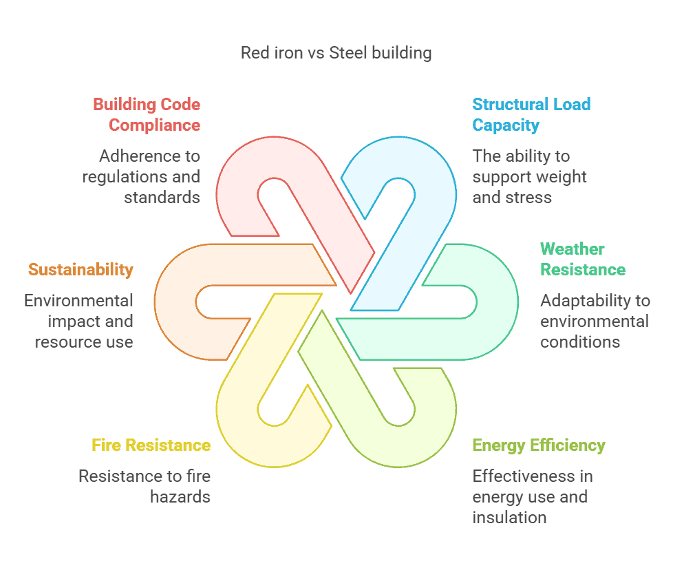 A diagram comparing red iron and steel buildings based on load capacity, fire resistance, sustainability, weather resistance, and energy efficiency.