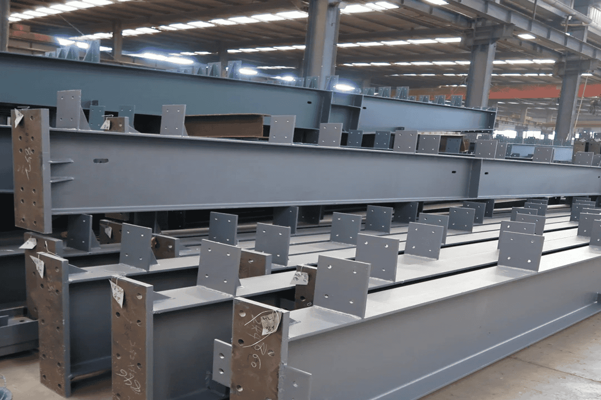 Stacked steel structural beams in a factory, showing prefabricated parts with connection plates and holes, part of the steel structure construction process.