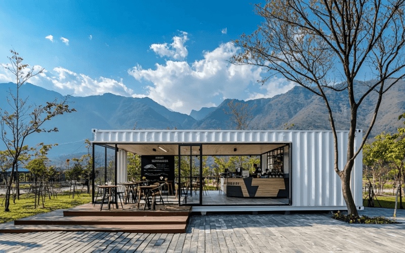A white shipping container restaurant with large glass openings, an outdoor seating area with wooden tables and chairs, surrounded by trees, and set against a backdrop of mountains and a clear blue sky.