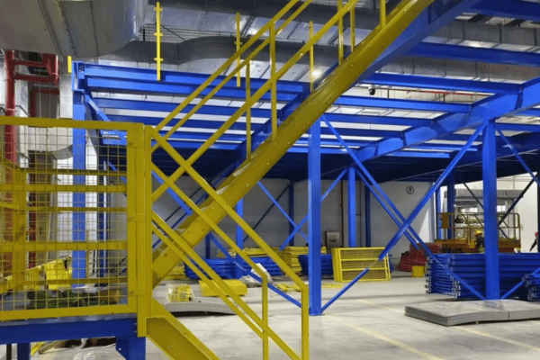 A brightly colored steel platform with yellow stairs and blue beams inside a modern warehouse.