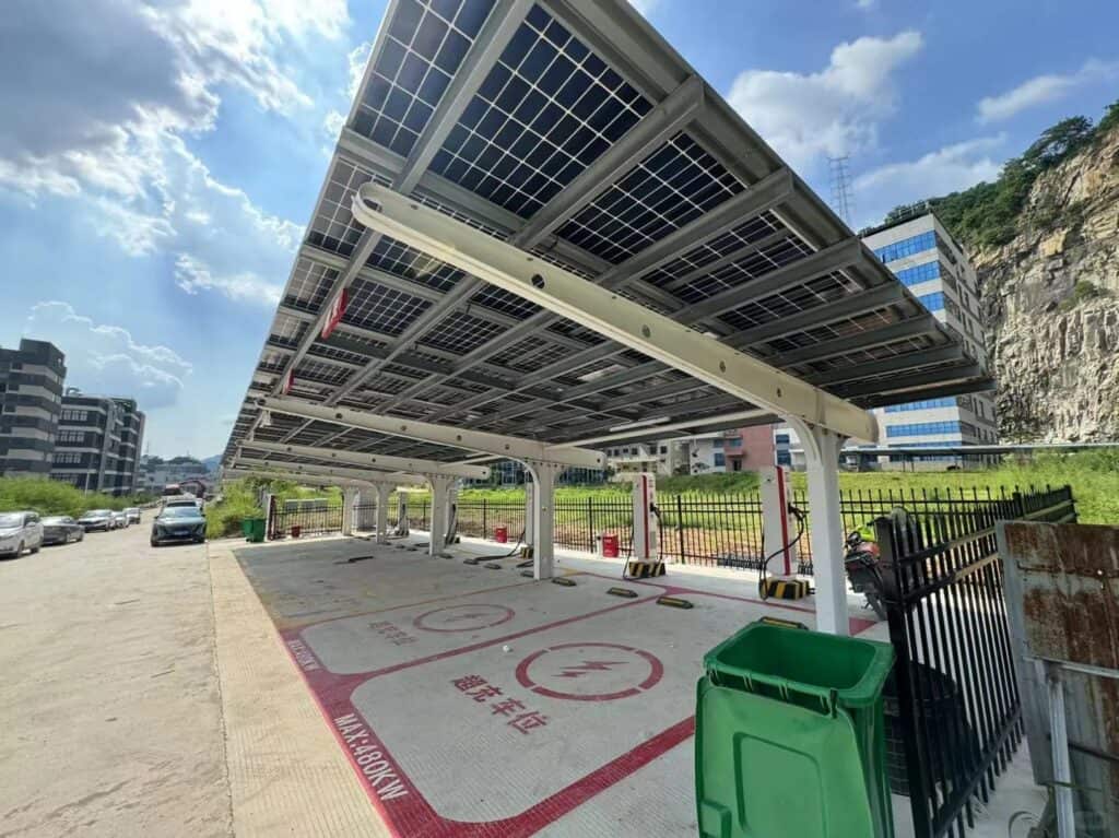 steel-framed single-post cantilever solar carport with ev charging
