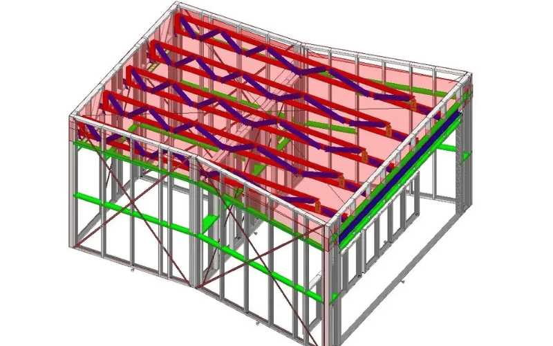 A 3D rendering of a steel frame building model with colored beams and bracing elements, illustrating structural design details.