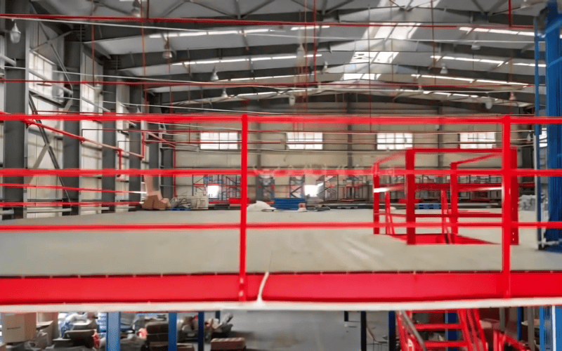 Interior view of a warehouse mezzanine with red railings, showcasing elevated storage space.