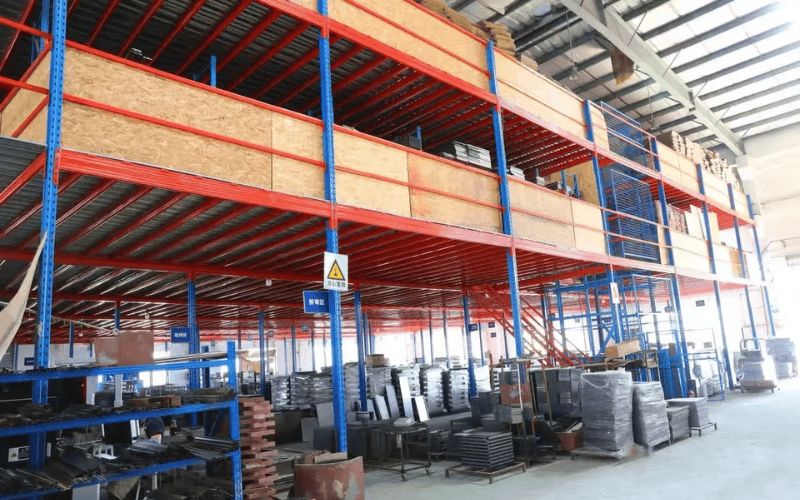 Large multi-tier mezzanine structure in a warehouse, featuring blue and red steel frames with wooden panels.