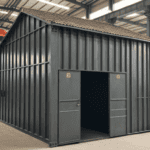 A simple, metal-framed pole barn with a large door and a concrete floor in an industrial setting.