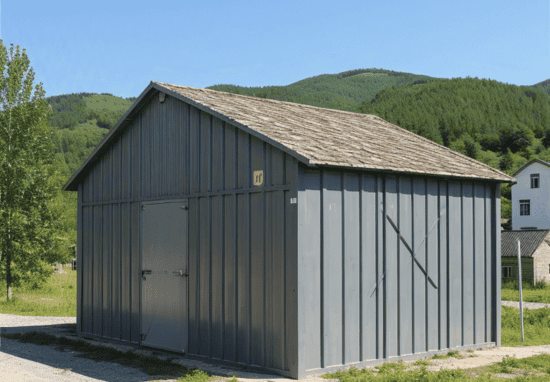 A steel pole barn with a peaked roof and a door open, situated in a scenic countryside setting.