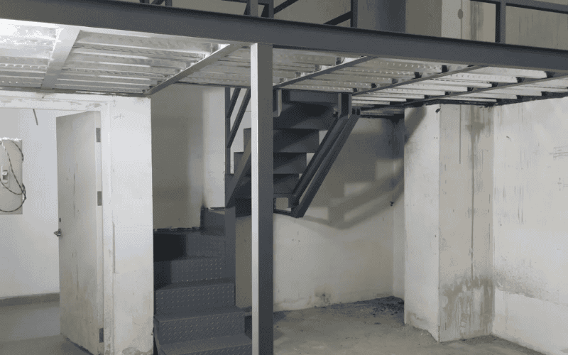 Steel staircase leading to a mezzanine in an industrial setting