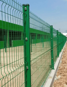 A green wire fence with steel posts, demonstrating a durable steel structure barrier system.