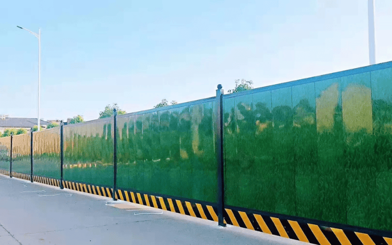 Green noise barrier fencing installed along a roadside to reduce noise pollution and provide visual separation.