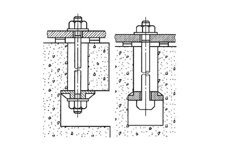 "Technical drawing of two steel structure bolt foundation designs, illustrating embedded anchor bolts secured within concrete footings for structural stability."