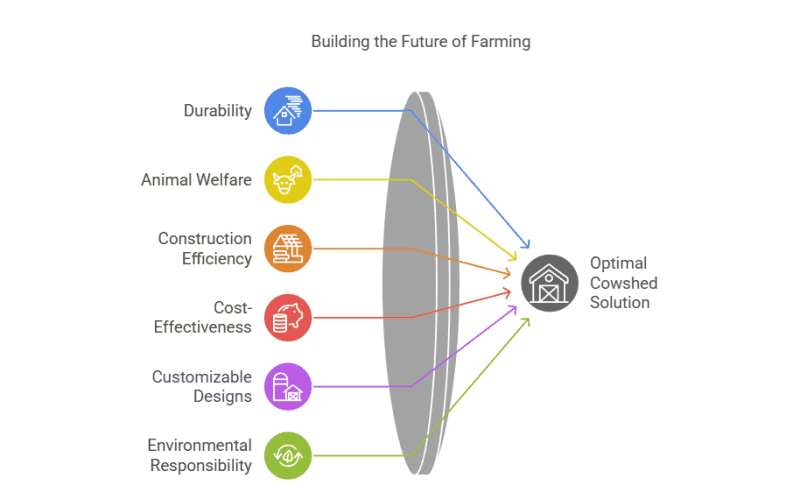 อินโฟกราฟิกเกี่ยวกับการสร้างอนาคตของการทำฟาร์ม โดยเน้นที่ปัจจัยต่างๆ เช่น ความทนทานและสวัสดิภาพสัตว์ที่นำไปสู่โซลูชันโรงเลี้ยงวัวที่มีโครงสร้างเหล็กเหมาะสมที่สุด