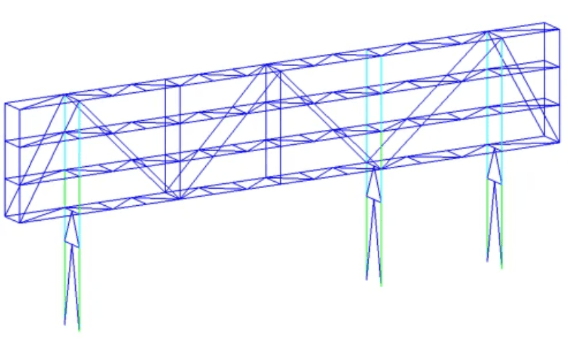 A wireframe 3D illustration of a bridge-like steel truss structure supported by columns.