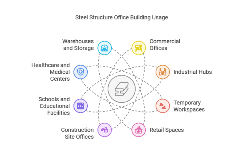 A diagram lists uses of Steel Structure Office Buildings: warehouses, commercial offices, industrial hubs, retail, construction site offices, education, healthcare, all linked to a central icon.