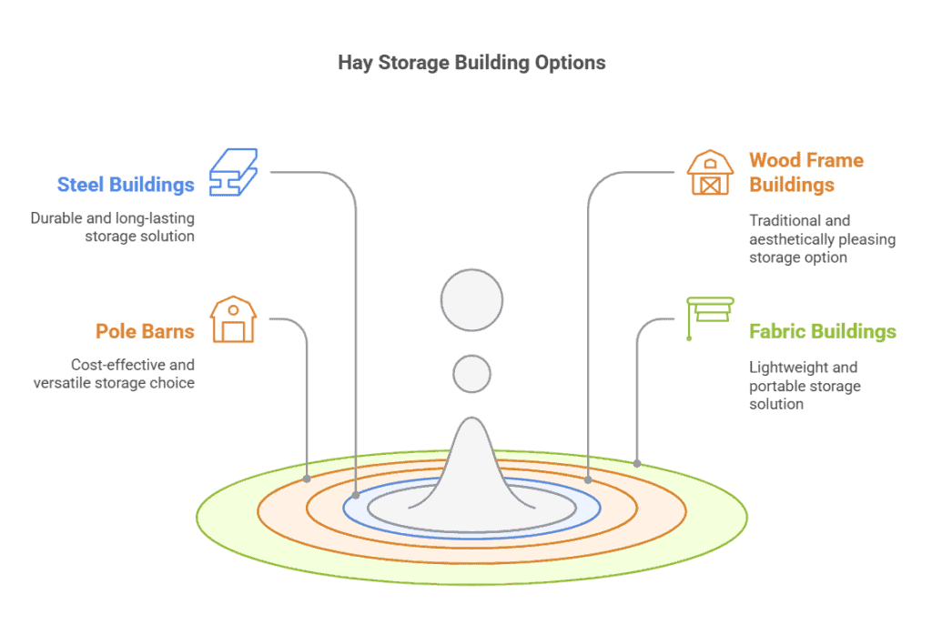 อินโฟกราฟิกที่แสดงตัวเลือกอาคารเก็บหญ้าแห้ง รวมถึงอาคารเหล็ก โรงนาเสา อาคารโครงไม้ และอาคารผ้า สำหรับความต้องการที่แตกต่างกัน