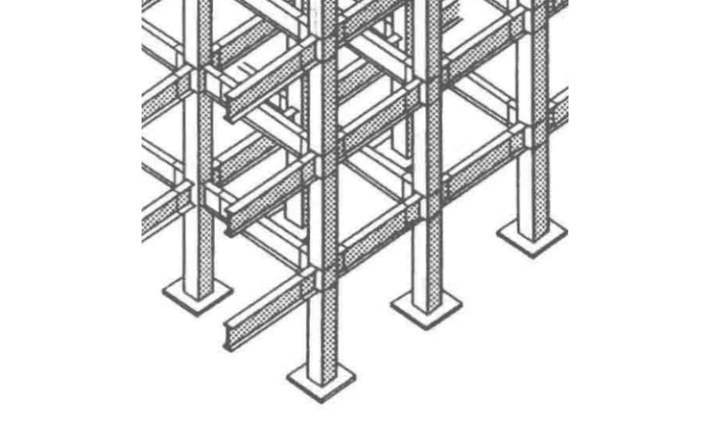 Isometric illustration of a multi-level steel frame structure with detailed beams and columns.