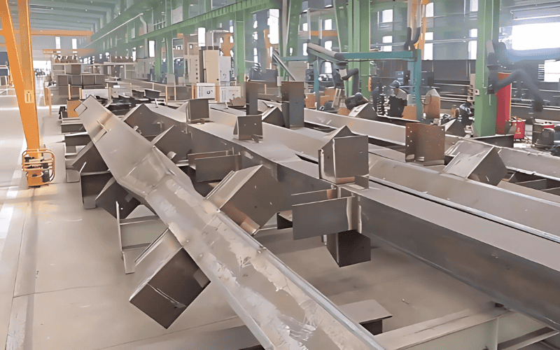 Large steel beams with welded connections, arranged for assembly in a production plant.