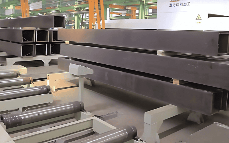 Stacks of completed steel box beams in a factory, ready for construction use.