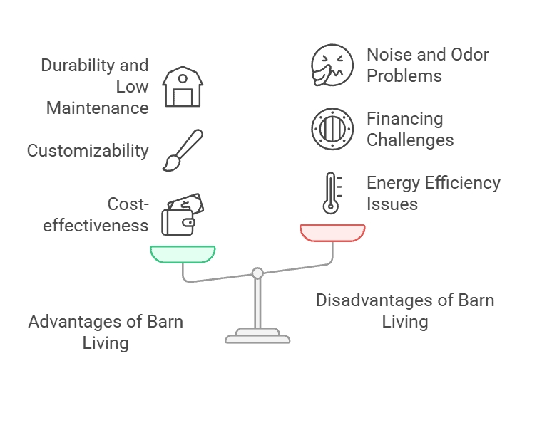 A balanced scale showing advantages of barn living (durability, low maintenance, customizability, cost-effectiveness) and disadvantages (noise, odor, financing, energy efficiency issues).