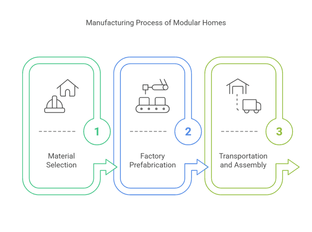 Un diagrama paso a paso que ilustra el proceso de fabricación de casas modulares: selección de materiales, prefabricación en fábrica y transporte y montaje.