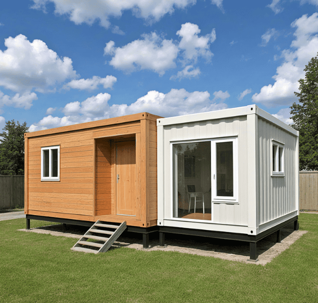 A comparison image showing two modular homes with different exteriors, one featuring wood and the other a more industrial design, emphasizing versatility in modular home construction.