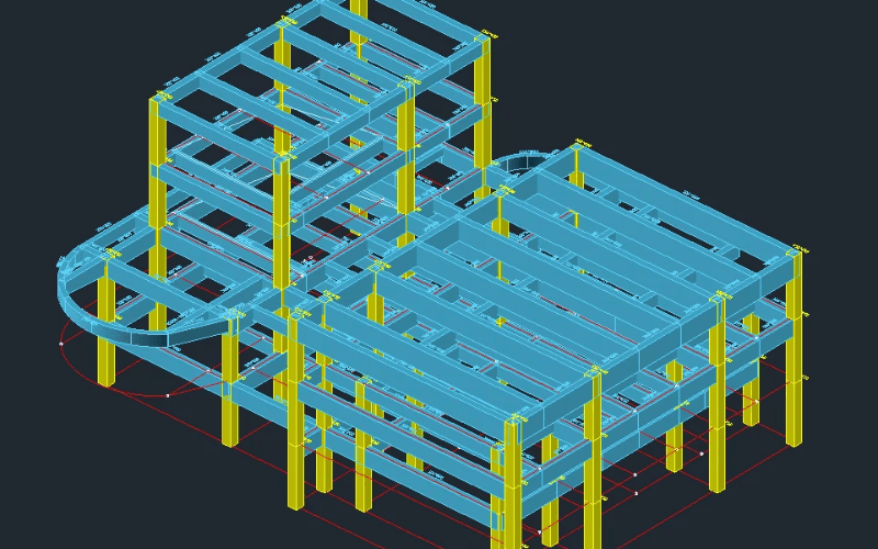 A 3D CAD model of a steel structure showing the framework with detailed beams and columns.