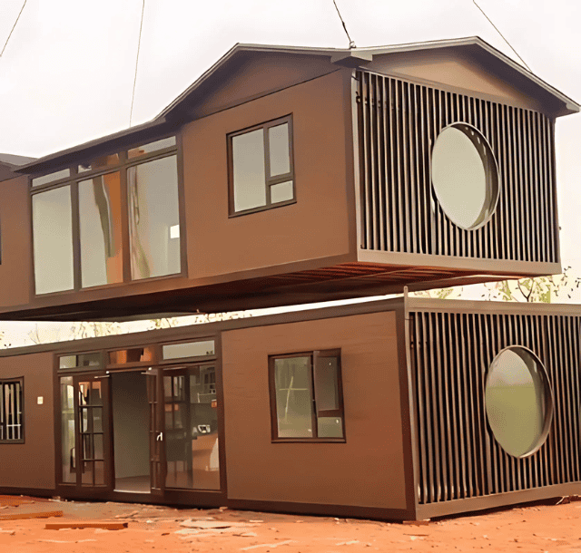 Modular brown prefab homes being assembled, showcasing a modern design with large windows and circular features, lifted by a crane during construction.