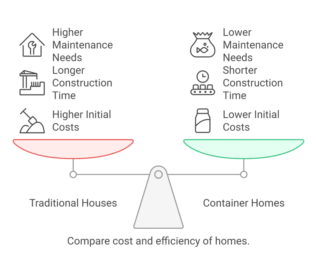 Infographic comparing the cost and efficiency of traditional houses and container homes.